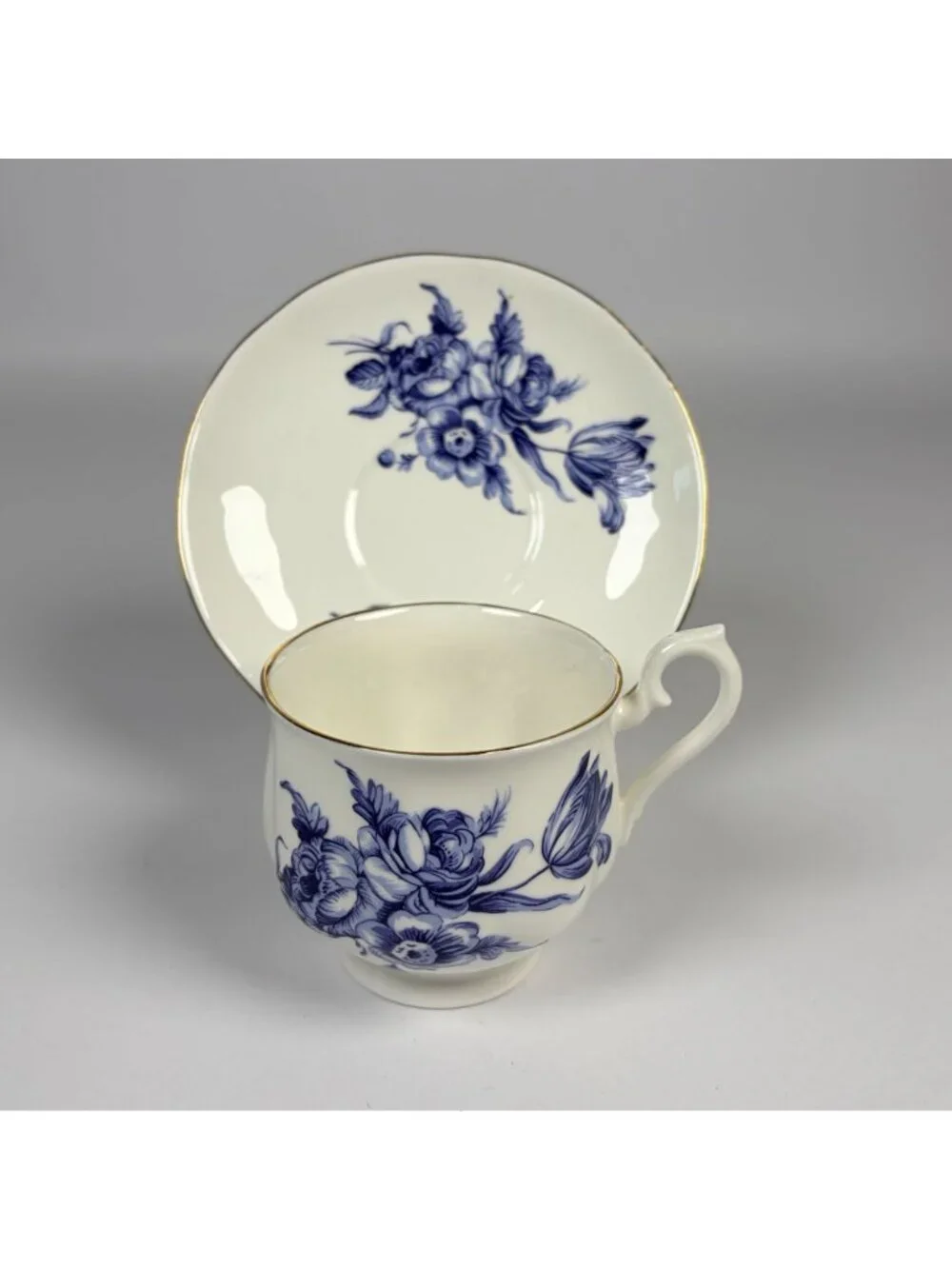 Vintage Staffordshire Blue Floral Fine Bone China Cup & Saucer Set